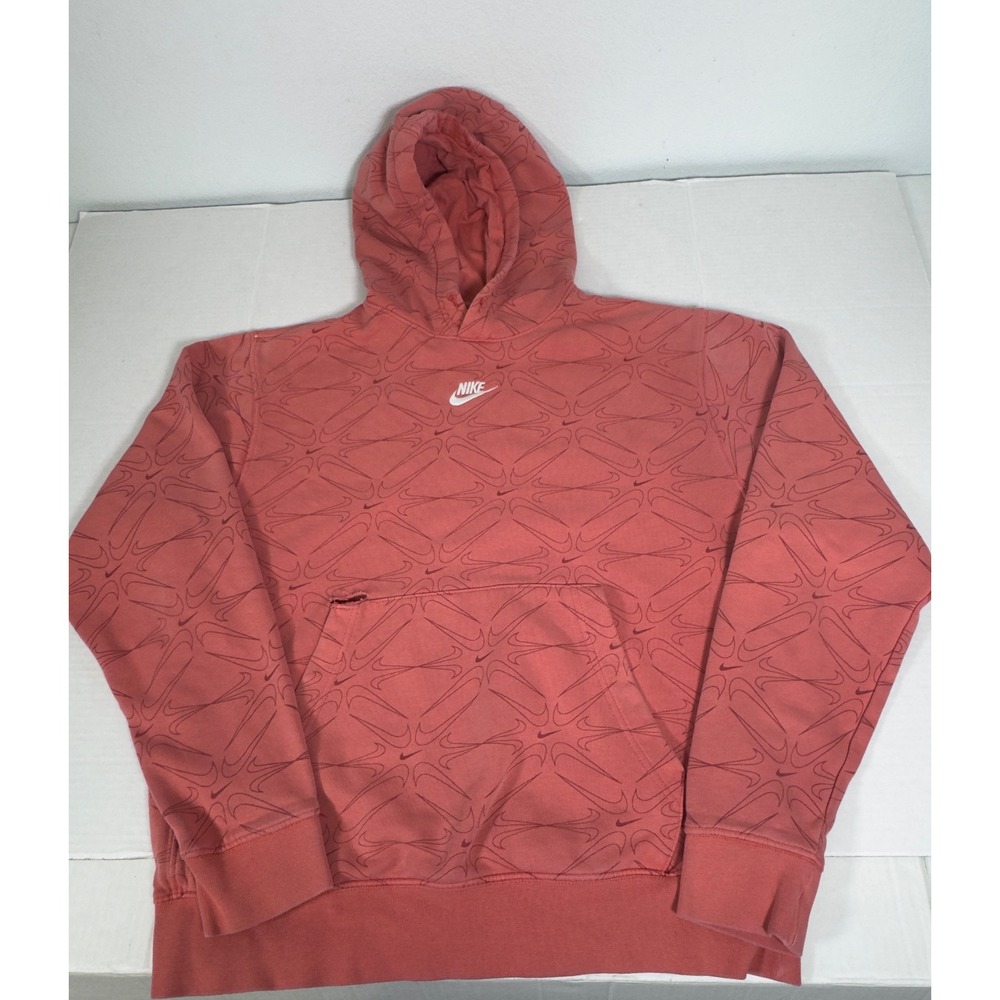 Nike Mens All Over Print Center Swoosh Hoodie Faded Red Coral M Retro Streetwear